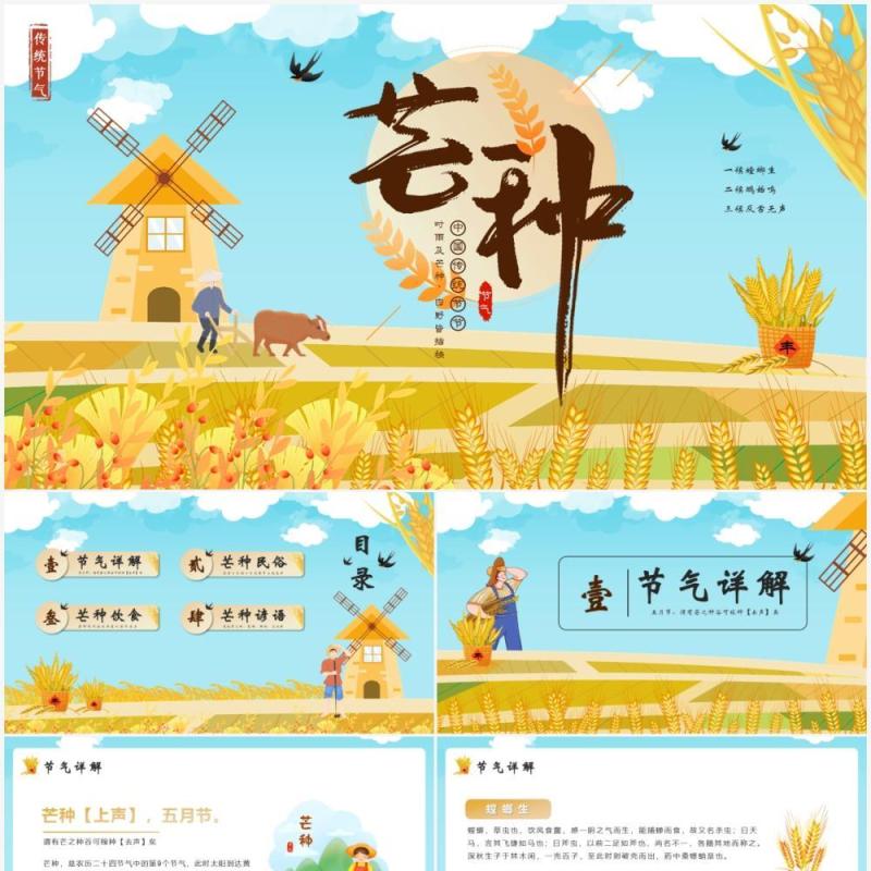 手绘卡通中国传统二十四节气芒种PPT模板
