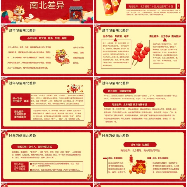 红色中国风南北方春节习俗PPT模板