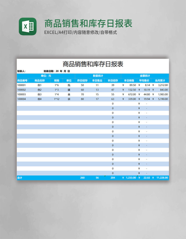 商品销售和库存日报表excel表格模板