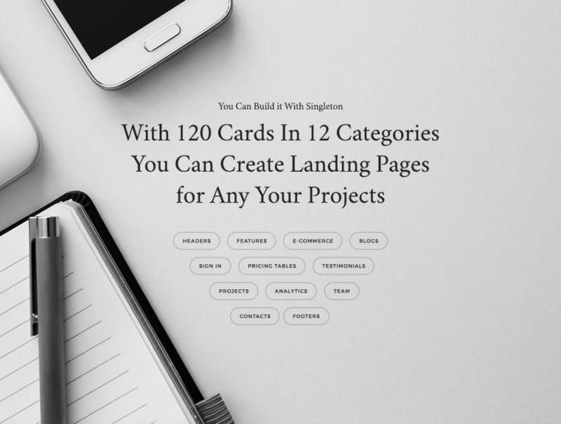 使用120张卡片构建您的下一个着陆页，Singleton UI Pack