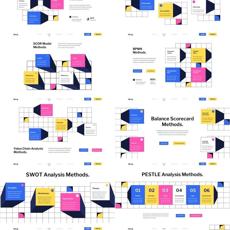 白蓝粉现代商业框架方法PPT模板素材white blue pink modern business framework methods