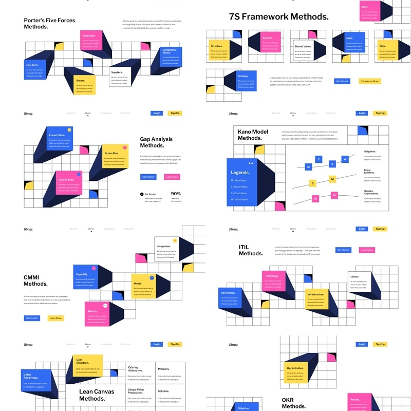 白蓝粉现代商业框架方法PPT模板素材white blue pink modern business framework methods