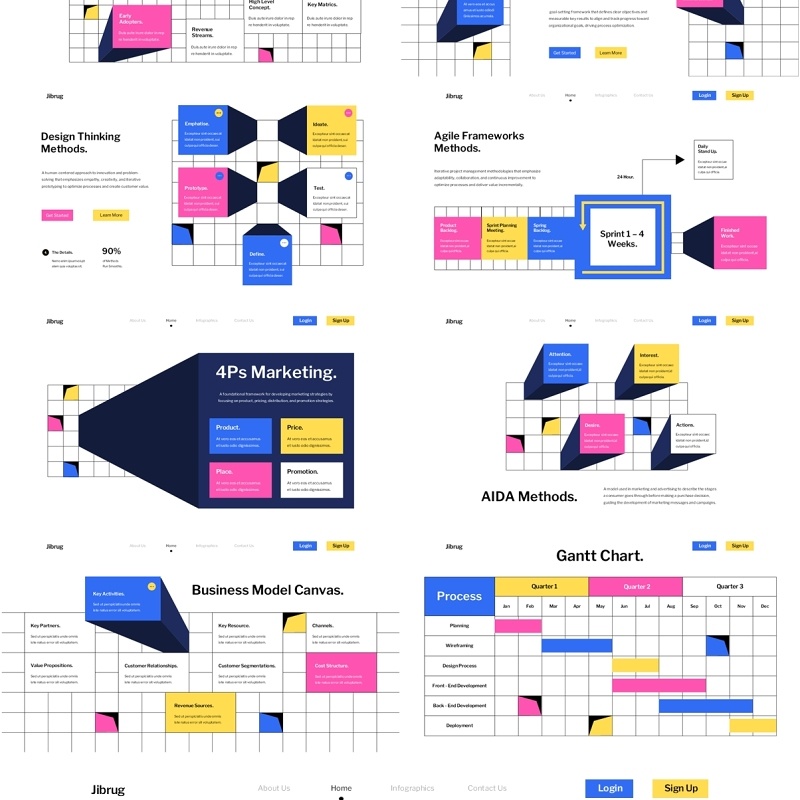 白蓝粉现代商业框架方法PPT模板素材white blue pink modern business framework methods