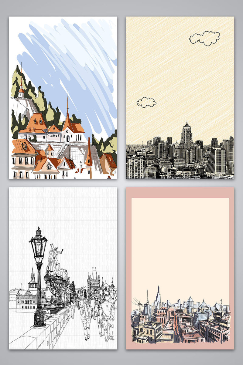 矢量涂鸦城市风景海报背景图