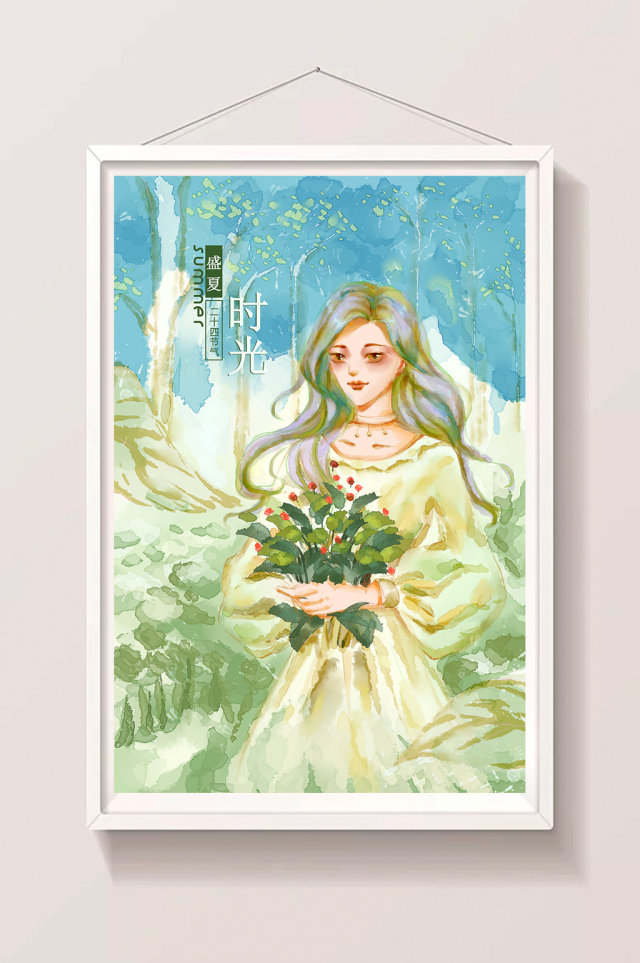 绿色调唯美清新夏天森林系捧花女孩水彩插画 绿色调唯美清新夏天森林系捧花女孩水彩插画