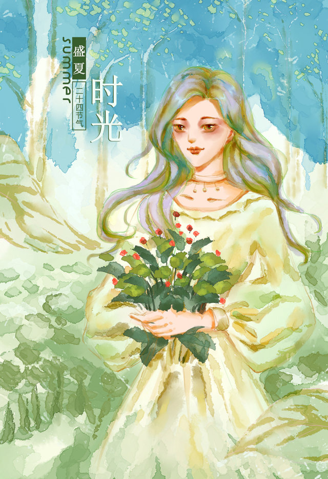 绿色调唯美清新夏天森林系捧花女孩水彩插画