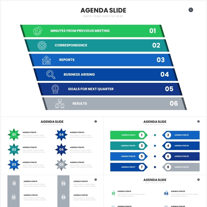 蓝绿色进程图步骤图PPT信息图素材Agenda Slides