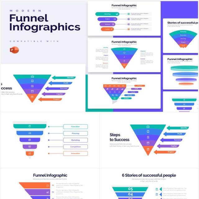 多彩创意漏斗图PPT素材unnel Powerpoint Infographics