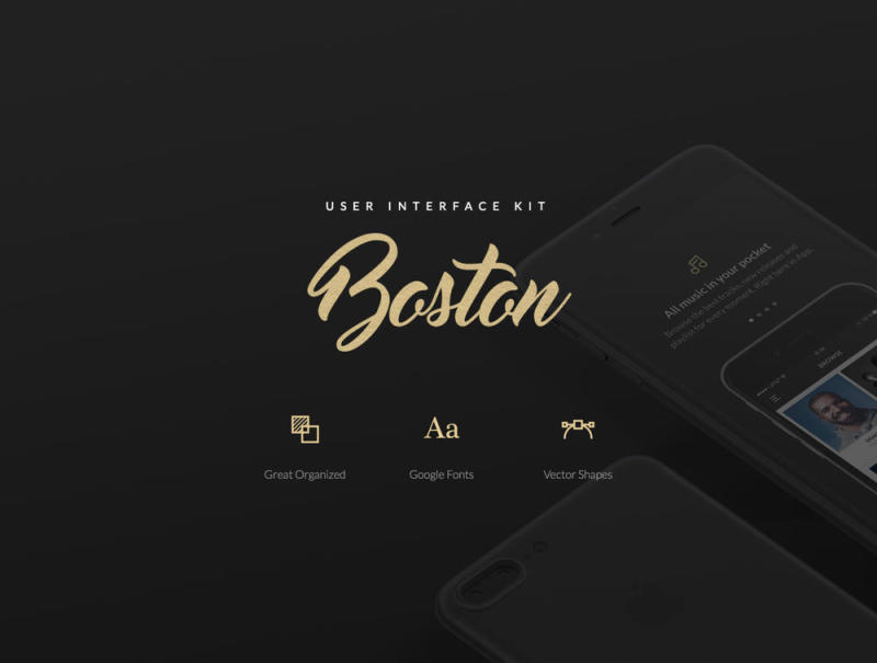 用于Sketch，Boston Mobile UI Kit中的移动应用程序的简洁清洁用户界面工具包