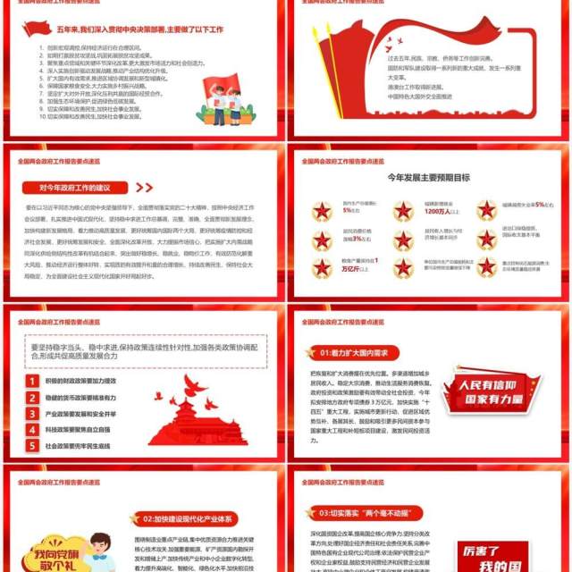 红色全国两会工作报告要点速览PPT模板