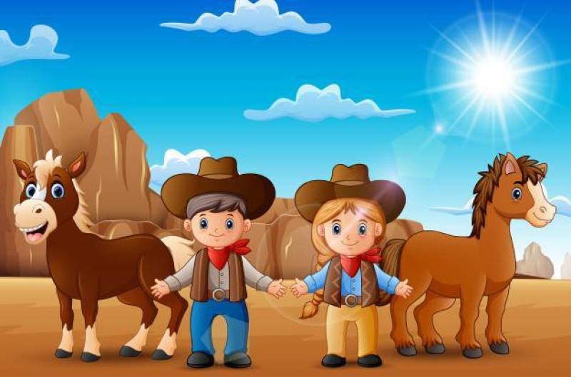动画片牛仔和女牛仔有动物的在沙漠