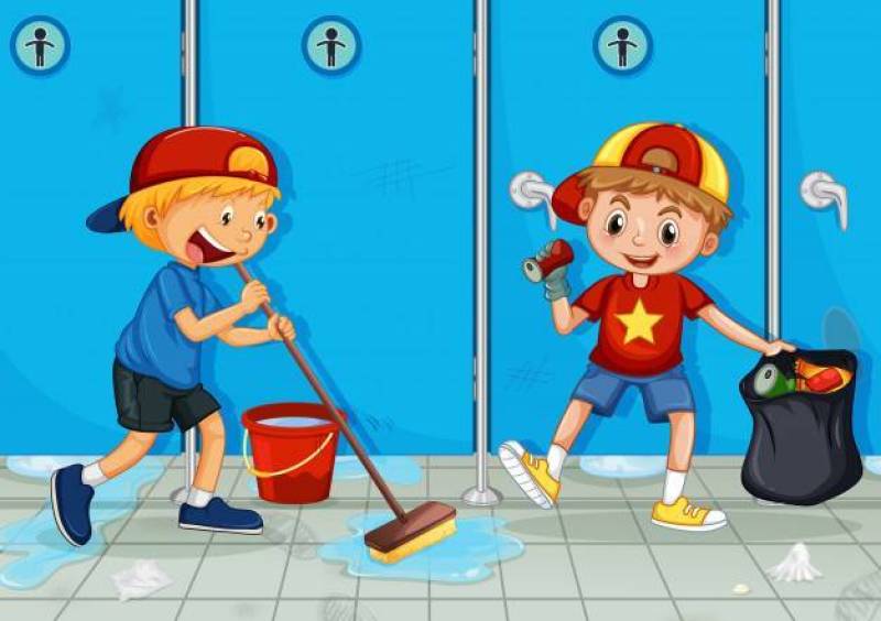 Two Kids Help Cleaning Toilet