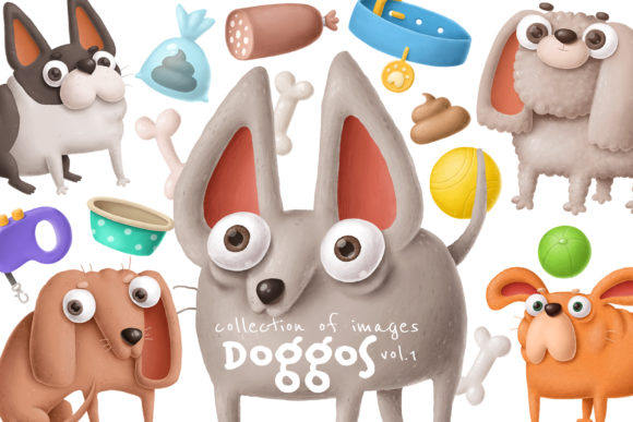 43款可爱卡通手绘漫画狗犬宠物用品罐头玩具牵绳电商设计PNG素材