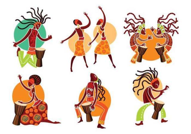 异国情调的女人和男人玩非洲鼓或非洲音乐