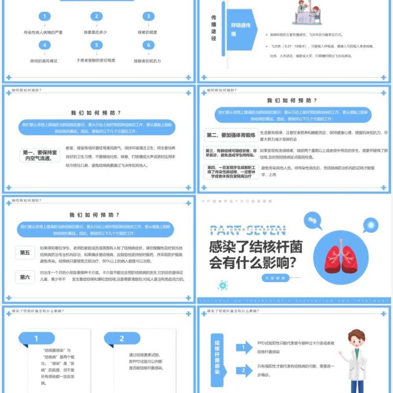 蓝色简约卡通肺结核防治PPT模板
