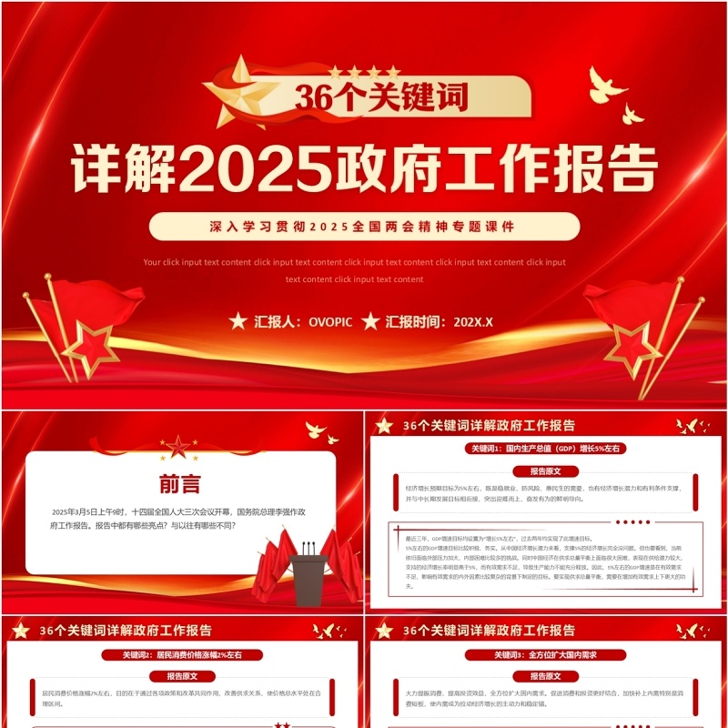 红色简约风2025政府工作报告关键词PPT模板