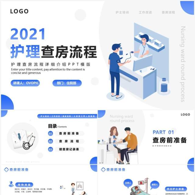 简约扁平化护理查房流程详细介绍PPT模板 简约扁平化护理查房流程详细介绍PPT模板
