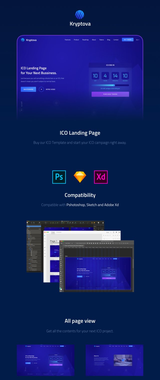ICO登陆页面，ICO比特币和加密货币模板，Kryptova ICO登陆页面