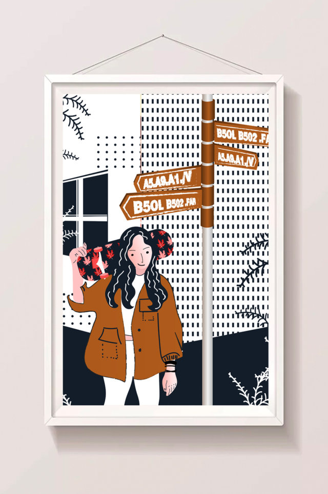 美式citypop扁平风街头滑板女孩插画 美式citypop扁平风街头滑板女孩插画