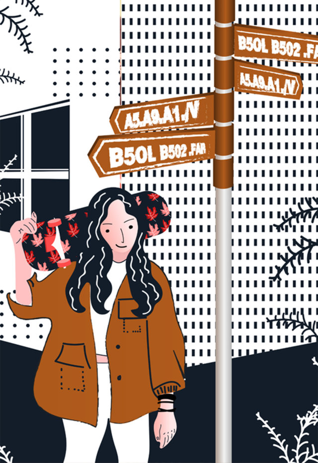 美式citypop扁平风街头滑板女孩插画 美式citypop扁平风街头滑板女孩插画