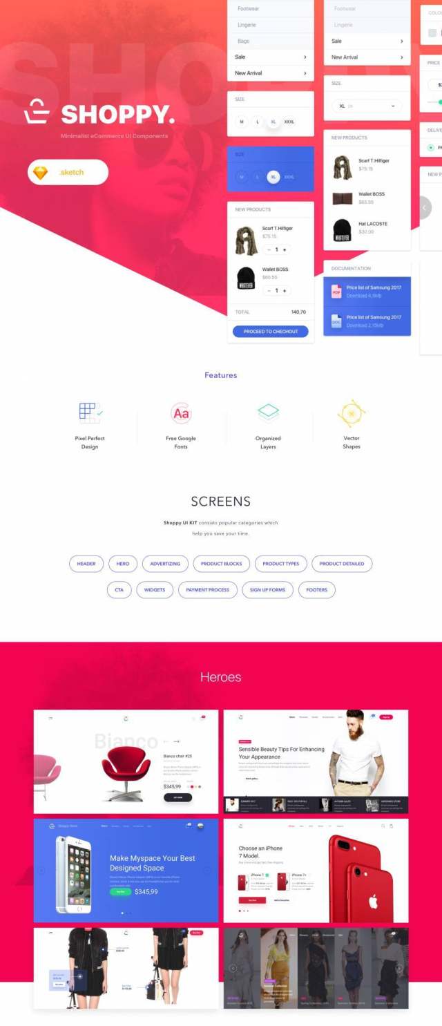 电子商务Sketch UI桌面UI工具包，Shoppy电子商务UI工具包