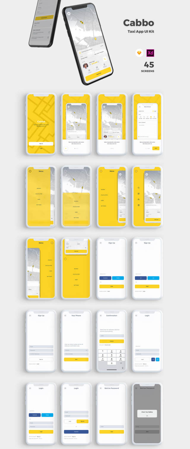 高品质的模板设计草图及的Adobe XD出租车移动应用程序，Cabbo  - 出租车UI套件移动应用