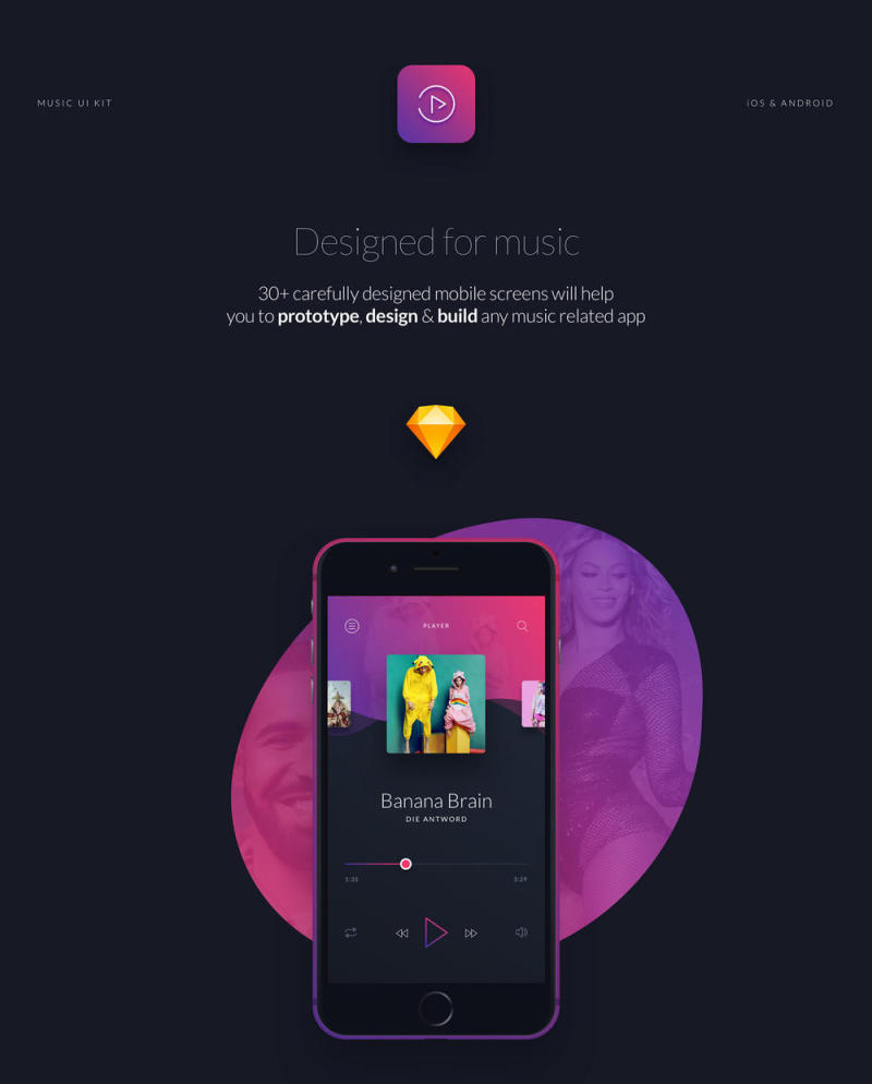 30+音乐应用程序界面UI iOS工具包sketch源文件格式打包下载