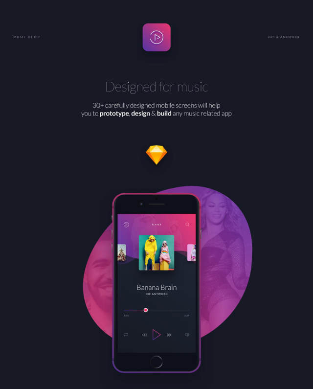 30+音乐应用程序界面UI iOS工具包sketch源文件格式打包下载