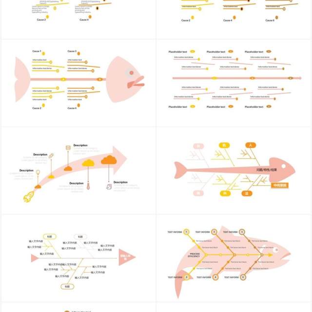 20页粉色清新鱼骨图可视化图表集PPT模板