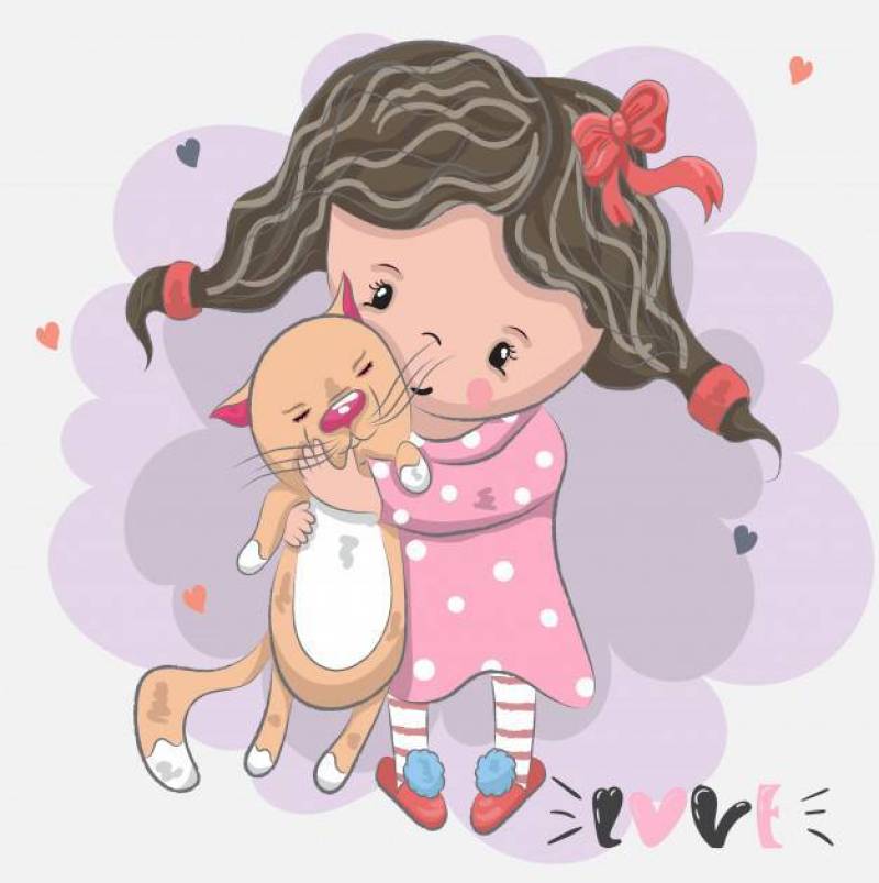 Cute little girl with cartoon cartoon cat hand drawn