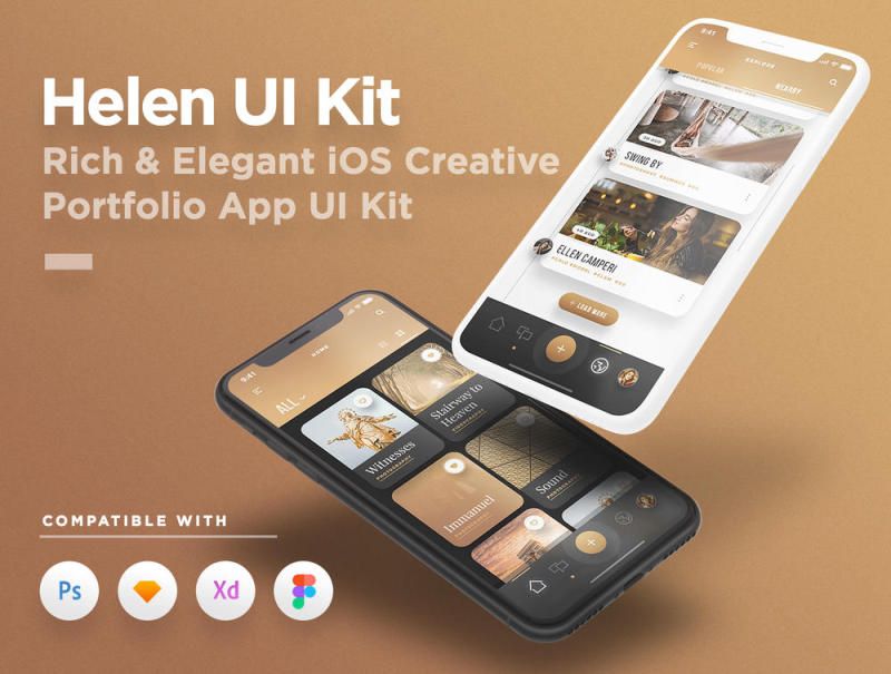 用于Sketch，Photoshop，XD和Figma，Helen iOS UI Kit的iOS Creative Portfolio App UI工具包
