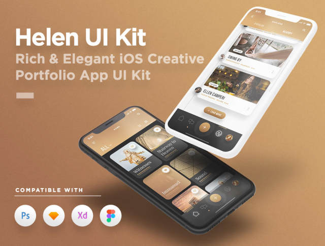 用于Sketch,Photoshop,XD和Figma,Helen iOS UI Kit的iOS Creative Portfolio App UI工具包 用于Sketch,Photoshop,XD和Figma,Helen iOS UI Kit的iOS Creative Portfolio App UI工具包