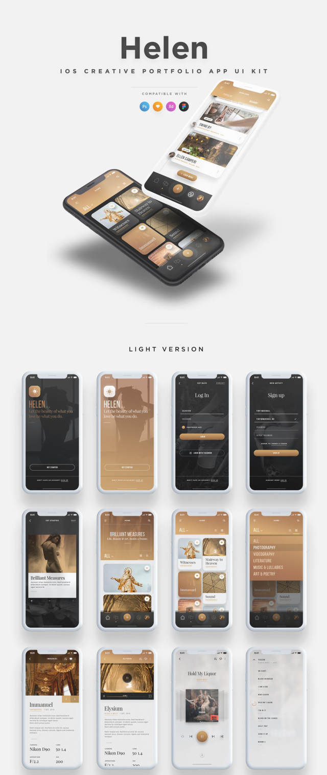 用于Sketch，Photoshop，XD和Figma，Helen iOS UI Kit的iOS Creative Portfolio App UI工具包