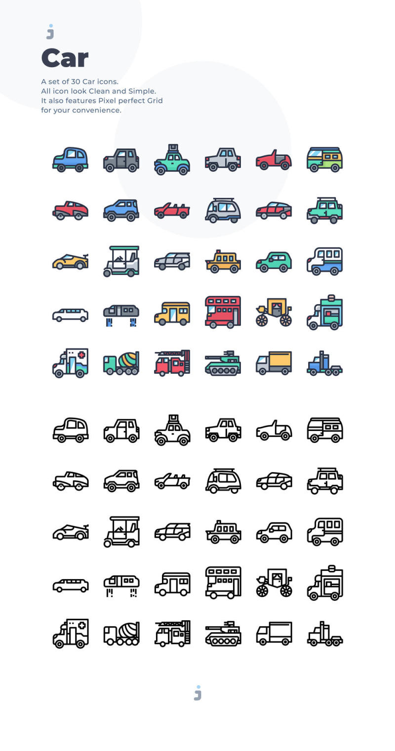 30个汽车图标在大纲＆彩色线条样式的插画家。，30汽车图标