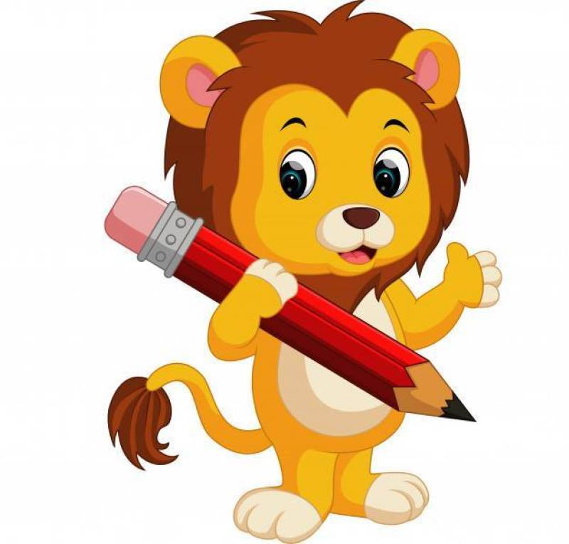 可爱的狮子卡通拿铅笔