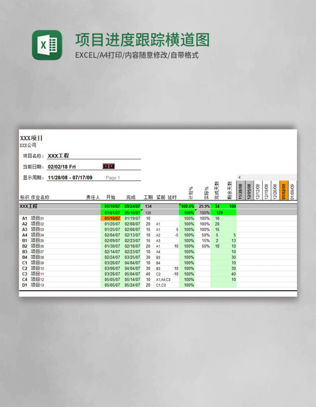 项目进度跟踪甘特图横道图excel表格模板