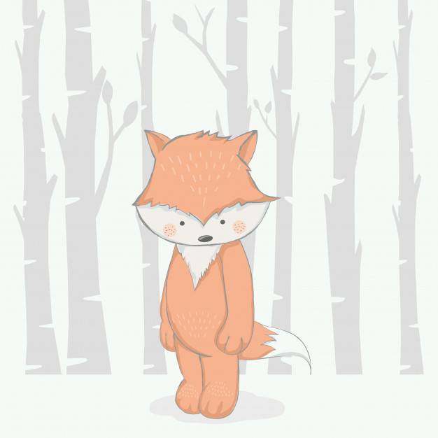 可爱的小宝贝狐狸与树卡通手绘风格