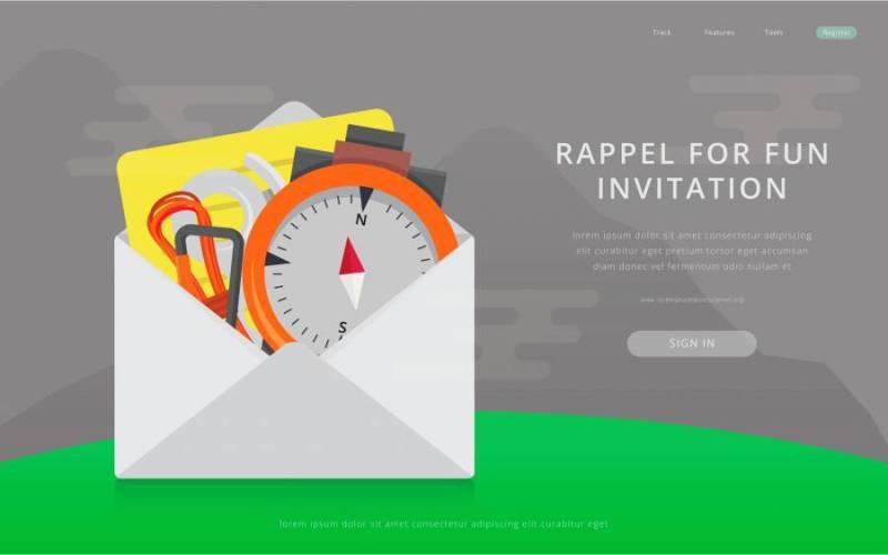 冒险和翻转工具和设备的插图。冒险和Rappel邀请。