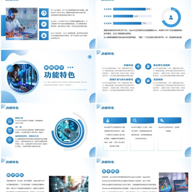 蓝色SORA人工智能文生视频大模型PPT模板