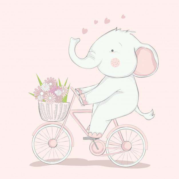 可爱的小宝贝大象与自行车卡通手绘风格