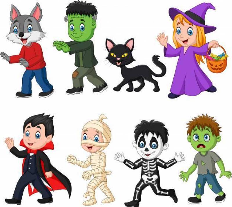 Cartoon happy little kids with Halloween costume