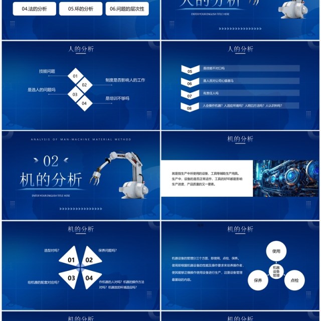 蓝色科技风人机料法环的分析PPT模板