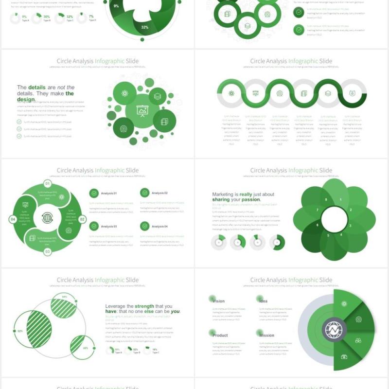 12套颜色圆形饼图数据可视化分析PPT信息图表素材Circle Analysis - PowerPoint Infographics Slides