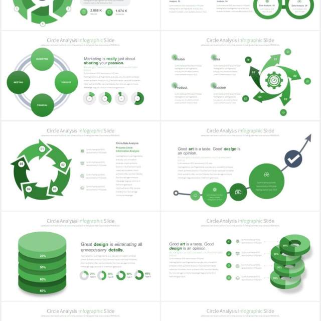 12套颜色圆形饼图数据可视化分析PPT信息图表素材Circle Analysis - PowerPoint Infographics Slides