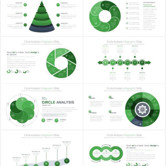 12套颜色圆形饼图数据可视化分析PPT信息图表素材Circle Analysis - PowerPoint Infographics Slides