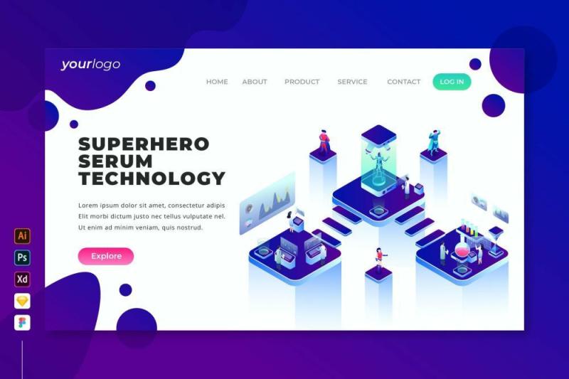 超级英雄血清技术登录页界面2.5D等距插画设计素材Superhero Serum Technology - Landing Page