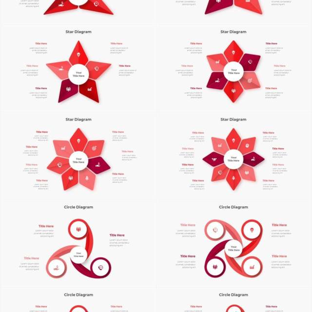 红色圆形结构图并列关系信息图表PPT元素素材Infographic Red