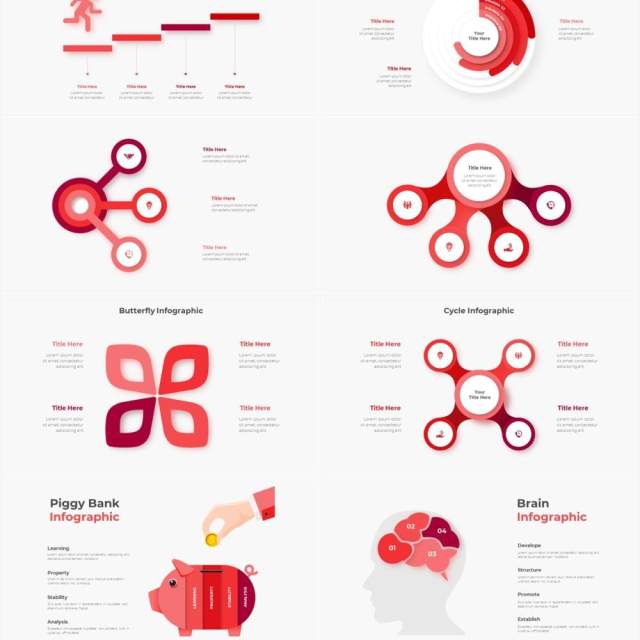 红色圆形结构图并列关系信息图表PPT元素素材Infographic Red