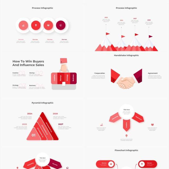 红色圆形结构图并列关系信息图表PPT元素素材Infographic Red