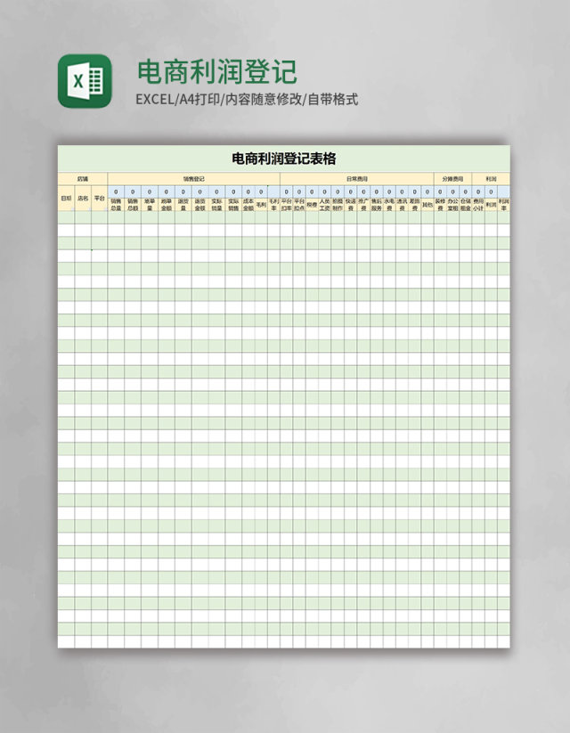 电商利润登记表格excel模板